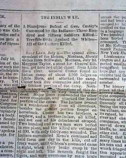 CUSTER MASSACRE Little Big Horn INDIANS 1876 Newspaper  