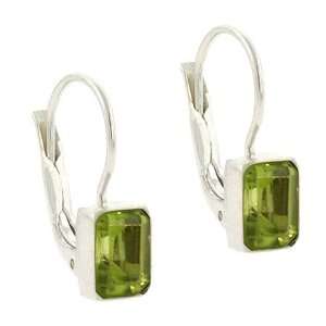   Silver Genuine Peridot Stone Emerald cut LeverBack Lever Back Earrings