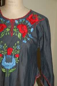Vintage 60s 70s Womens Navy Blue Colorful Embroidered Mexican Tunic 