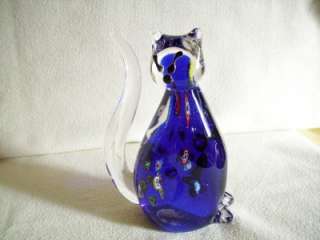 Italian Murano Art Glass Millefiori Clear~Blue Glass Cat (Sticker 