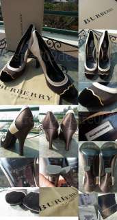 Burberry (London)   Espresso brown satin pumps, black velvet toe cap 