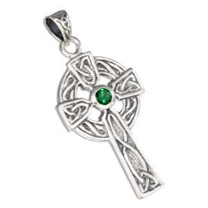   Antiqued Celtic Cross Pendant with Green Glass Center Stone Jewelry