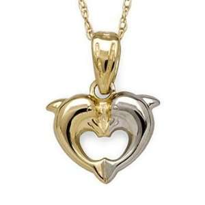  Childs 14kt Two Tone Gold Kissing Dolphin Necklace. 15 
