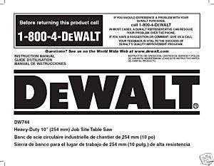 Dewalt Table Saw Instruction Manual Model #DW744  