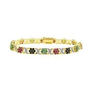   Sterling Silver Ruby, Sapphire, Emerald and Diamond Flower Bracelet