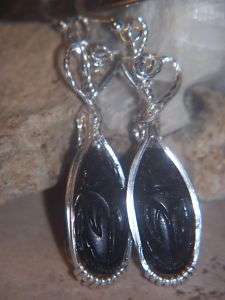 WIRE WRAPPED BLACK EGYPTIAN SCARAB CABOCHON EARRINGS  