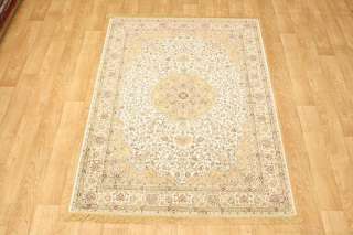   Ivory 100% Silk Gum Ghom Persian Oriental Area Rug Carpet 5x8  