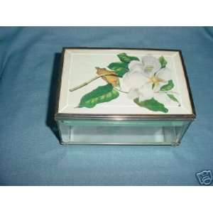  Glass & Brass Jewelry Box with Flower on Lid & Mirror 