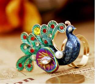 Free new rhinestone ethnic jewelry Adjust Multicolor Peacock Animal 
