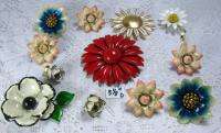 LOT 5 VINTAGE LARGE FLOWER ENAMELED SETS & SINGLES BROOCHES & CURTAIN 