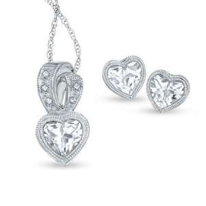Carat White Sapphire and Genuine Diamond Heart Necklace and Earrings 