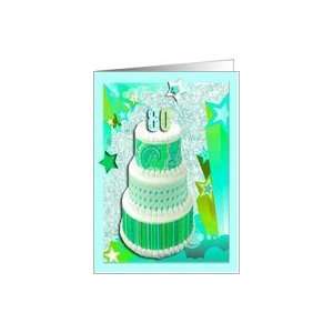  80th Birthday Party Invitation, Cake with stars, Pastel 