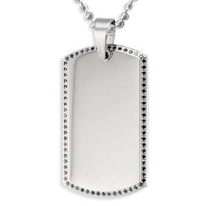  Stainless Steel Mens Dog Tag with Black Pave Set CZs on a 