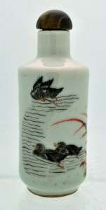   Chinese Porcelain Snuff Bottle w/ Tigers Eye Chalcedony Lid Ducks