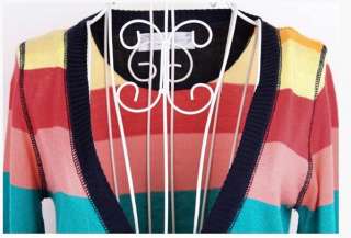 D658 Womens Rainbow Colored stripes All match Knitted Thin Cardigan 8 