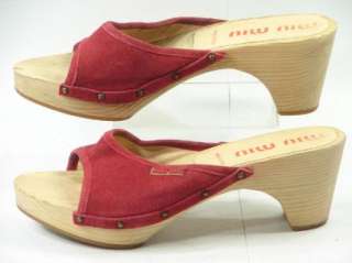 MIU MIU PRADA Luxe Red Suede Platform Wood Open Toe Sandals Slides 7.5 