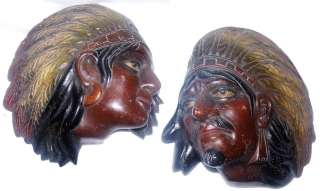 Pair Amazing Antique Terracotta Cigar Store Indian Figural Masks Wall 