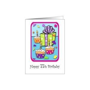  77 Years Old Lit Candle Cupcake & Gift Birthday Card Card 