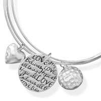   Silver Triple Bangle Set Heart Charms Inspirational Love Hope Bracelet