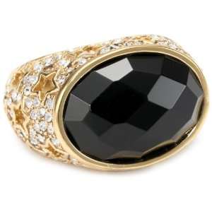   24k Gold Plated Glass Onyx And Swarovski Crystal Ring, Size 7 Jewelry