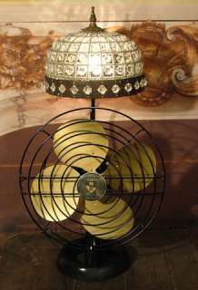   Antique Vintage Table Desk Electric Fan Lamp Embedded Crystal Shade