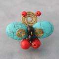 Brass Reconstructed Turquoise/Red Coral/Onyx Butterfly Ring (Thailand 
