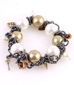 Large Faux Pearl Beaded Chain Stretch Charm Chunky Bracelet  