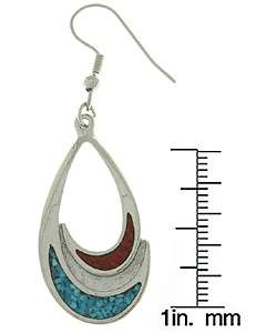Pewter Turquoise and Coral Teardrop Earrings  