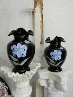 Lovely Pair~Handpainted 1990s Tiara Glass Black Vases  
