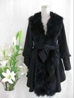 Womens Ladies Real Fox Fur Collar Tuxedo Cashmere Winter Coat Outwear 