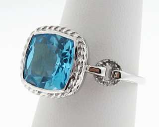 Estate Blue Topaz Diamonds Solid 14k White Gold Ring  