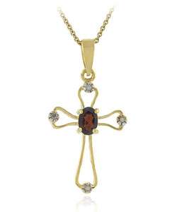  Rocks 18k Gold Overlay Garnet Diamond Cross Necklace  