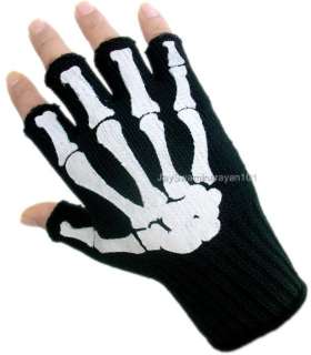 Mens Fingerless Gloves Black White Skeleton Bone Work  
