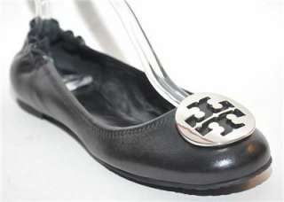 TORY BURCH Reva Black Leather Ballet Flat Silver Logo Womens Shoes 8 M 