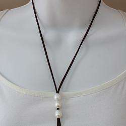 Handknotted White Freshwater Pearls Suede Lariat Necklace (10mm) (USA 