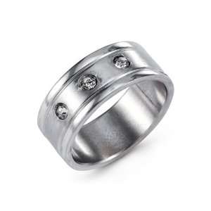  Mens Solid Stainless Steel Band Round White CZ Ring 