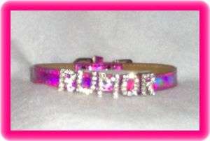 Tiny Shimmer Pink Leather Dog Collar 7 10 in Rhinestone letters 