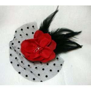  Red Black and Feather Flower Veil Hair Clip and Pin 
