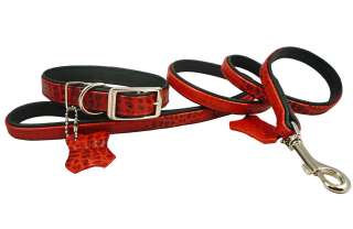 Leather Dog Collar Leash Croc Embossed Set Small Red  