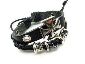 Mens Alloy CROSS Links Genuine leather bracelet PUNK  