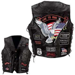 Genuine Leather Motorcycle Biker Vest with 14 Patches Sizes M L XL 2X 