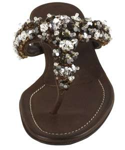 Prada Brown Leather Jeweled Thong Sandals  