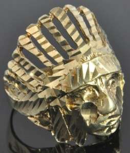   Yellow Gold Diamond Cut Indian Chief Head 3D Mens Ring 10.25  