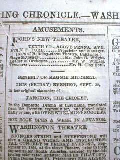 1864 CWar newspaper FORDS THEATER Lincoln Assassination  