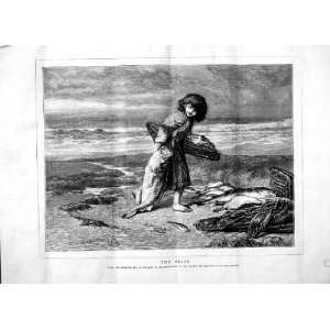  1870 WATSON ANTIQUE PRINT LITTLE GIRL FISHING SEA