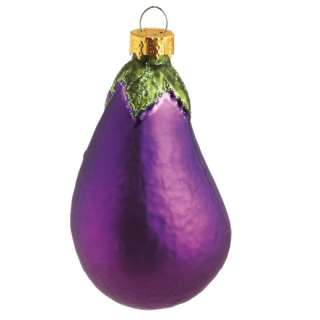 Glass Purple Eggplant Vegetable Green Glitter Christmas Ornament 