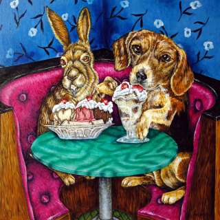   Beagle at the ice cream picture parlor art tile coaster gift  