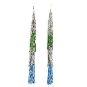  Fashion Dangle Earrings ; 7 Drop; Silver, Green and Blue 