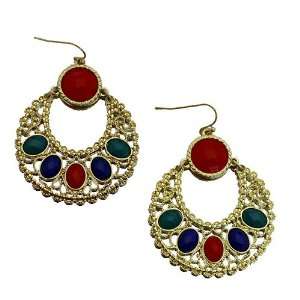 com Fashion Dangle Earrings ; 2.25L; Gold Tone Metal with Red, Blue 