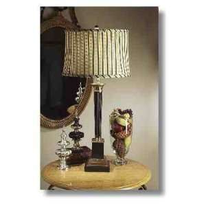  LNT027   Antique Brass and Black Lamp with Stripe Shade 